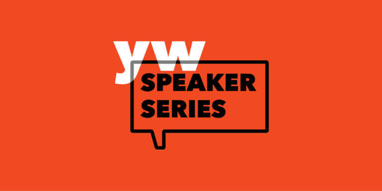 YW Speaker Series logo on a persimmon background