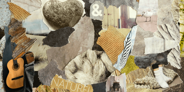 Collage mood board with Scandinavian natural colors and a zen spiritual concept .